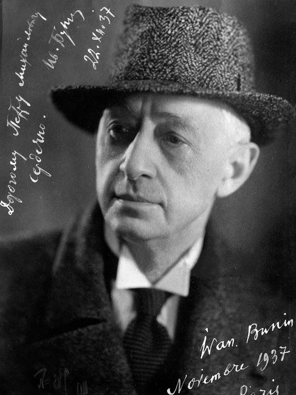 Retrato de Ivan Bunin de chapéu, autografado e datado de novembro de 1937, em Paris