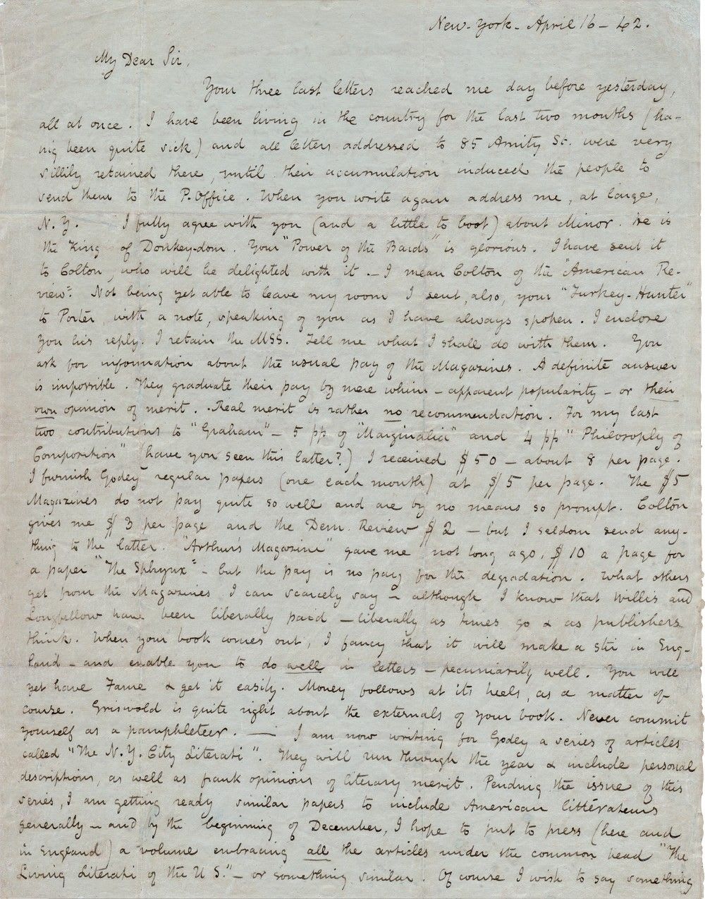Carta manuscrita de Edgar Allan Poe, 1842